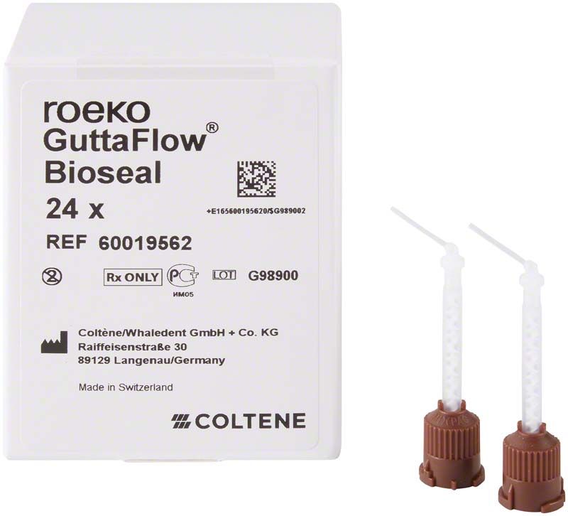 ROEKO GuttaFlow® bioseal Mischkanülen mit Verpackung und Applikationsspitzen.
