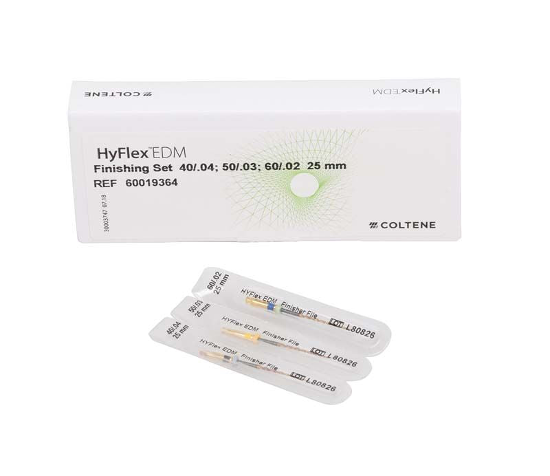 HyFlex™ EDM Finishing Set 25mm in geöffneter Verpackung mit drei NiTi-Feilen.