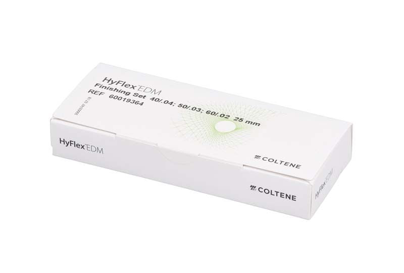 HyFlex™ EDM Finishing Set 25mm in geschlossener Verpackung mit Produktinformationen.