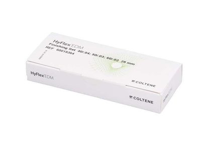 HyFlex™ EDM Finishing Set 25mm in geschlossener Verpackung mit Produktinformationen.