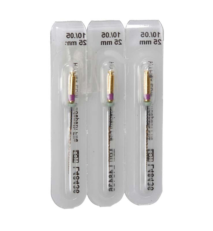Drei HyFlex™ EDM NiTi-Feilen 25mm Glide Path File 10/.05 in Blisterverpackung.