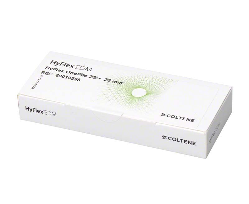 HyFlex™ EDM NiTi-Feilen 25mm in weißer Verpackung mit grünem Muster.