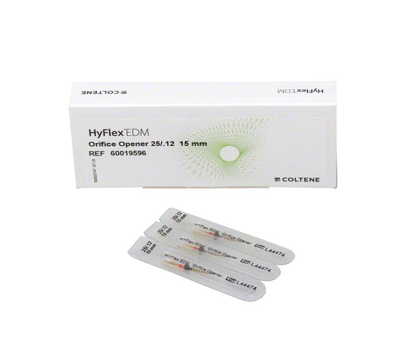 HyFlex™ EDM NiTi-Feilen Orifice Opener 25/.12 mit Verpackung und drei Einzelfeilen.