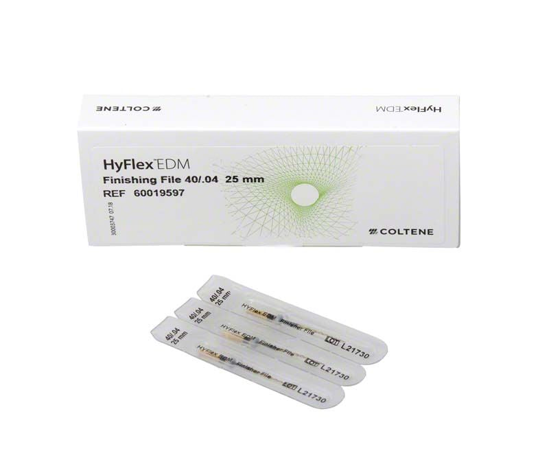 HyFlex™ EDM NiTi-Feilen 25mm mit Verpackung und drei einzeln verpackten Feilen.