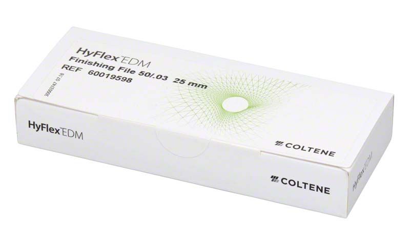 HyFlex™ EDM Finishing File 50/.03 in weißer Verpackung mit grünem Muster.