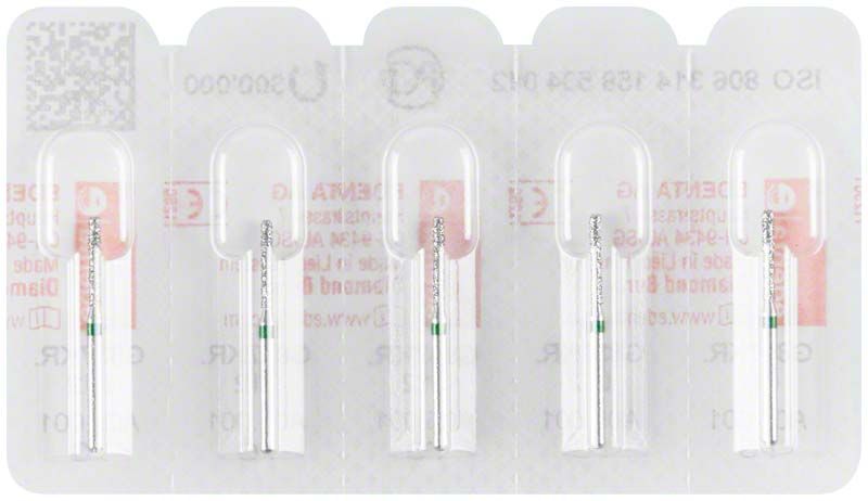 Diamantschleifer FG 837KRG 012 in Blisterverpackung für Zahnmedizin.