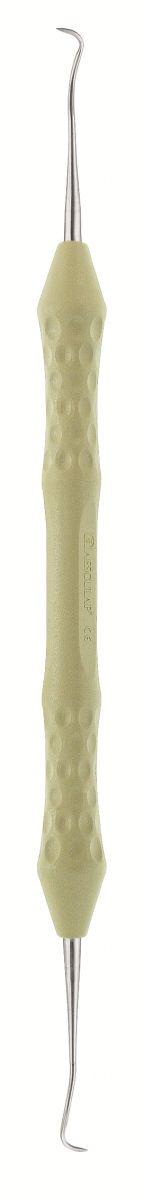 Universalscaler mit gelbem anatomischem High-Tech-Griff für Zahnsteinentfernung.