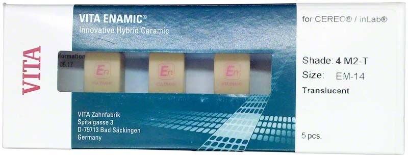 VITA ENAMIC® Hybridkeramikblöcke für CEREC® mit Beschriftung und Größenangaben.