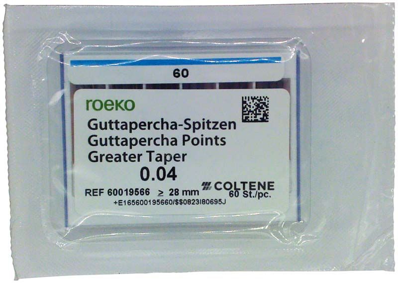Verpackung von ROEKO Greater Taper Guttapercha-Spitzen 4% Gr. 060 blau