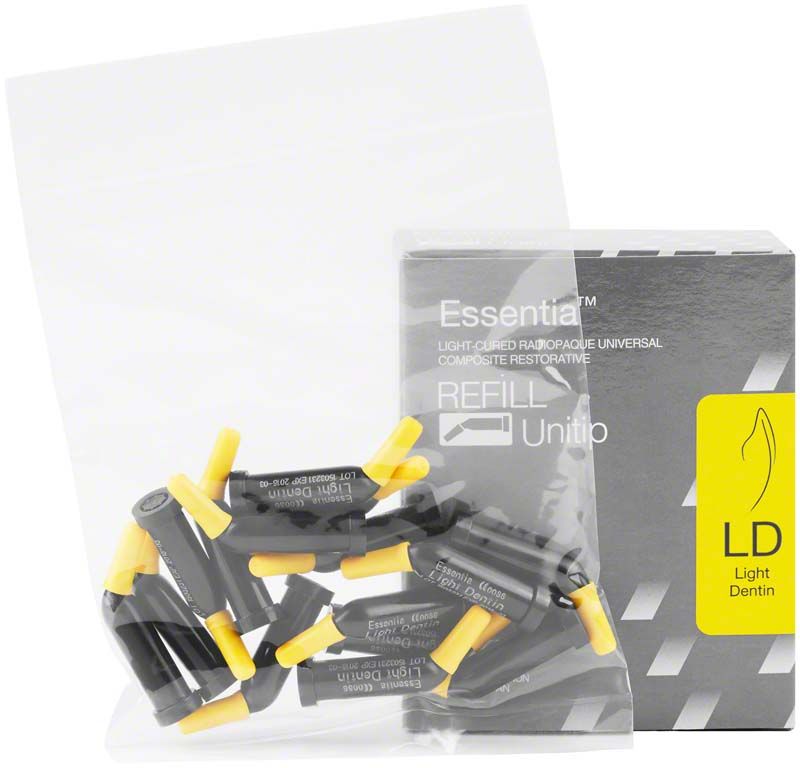 Essentia® Unitip Refill Light Dentin (LD) in grauer Verpackung mit gelben Spitzen.