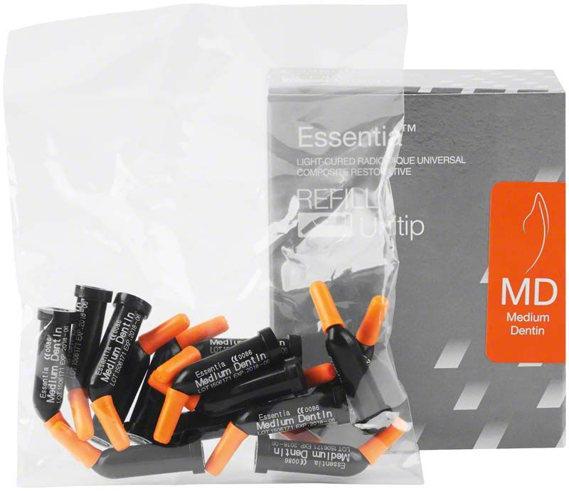 Essentia® Unitip Refill Medium Dentin, Verpackung mit Einzeltuben.