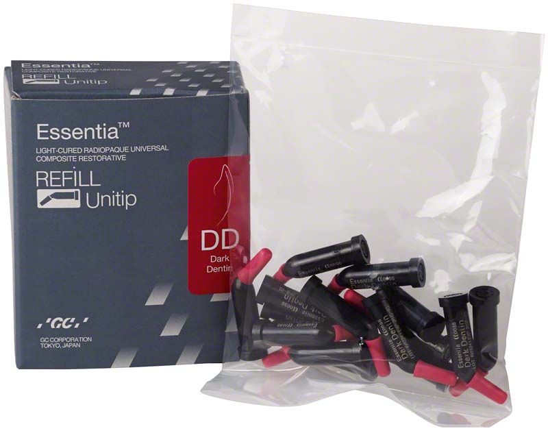 Essentia® Unitip Refill Dark Dentin, schwarze Kompositkapseln vor Verpackung.