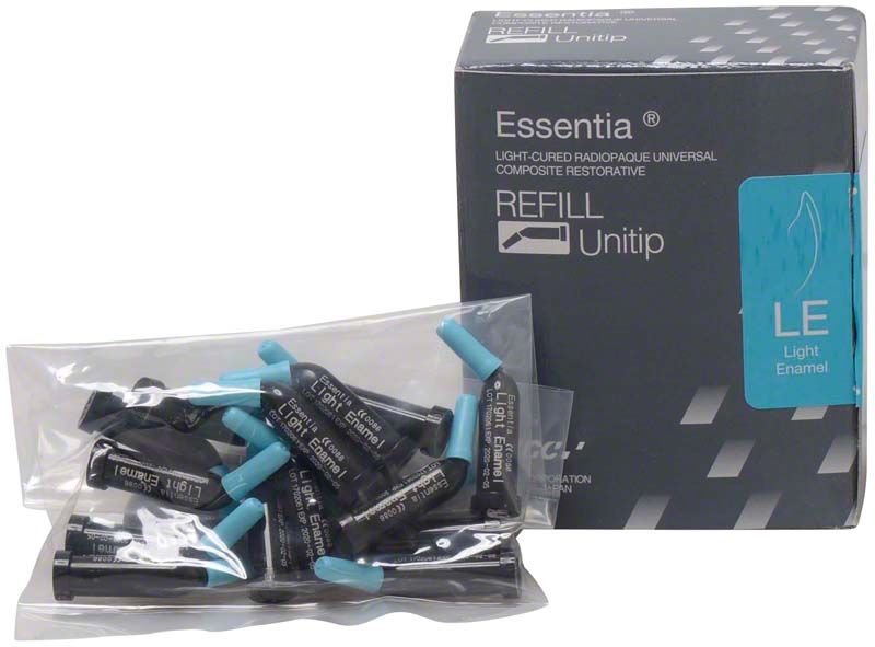 Essentia® Unitip Refill Light Enamel Verpackung und Einzelkapseln.