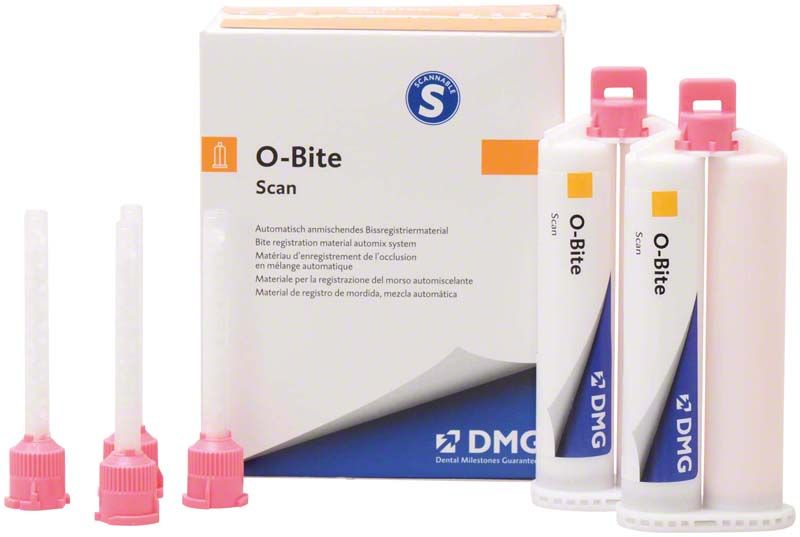 O-Bite Scan Kartuschen 2 x 50ml mit rosa Mischdüsen.