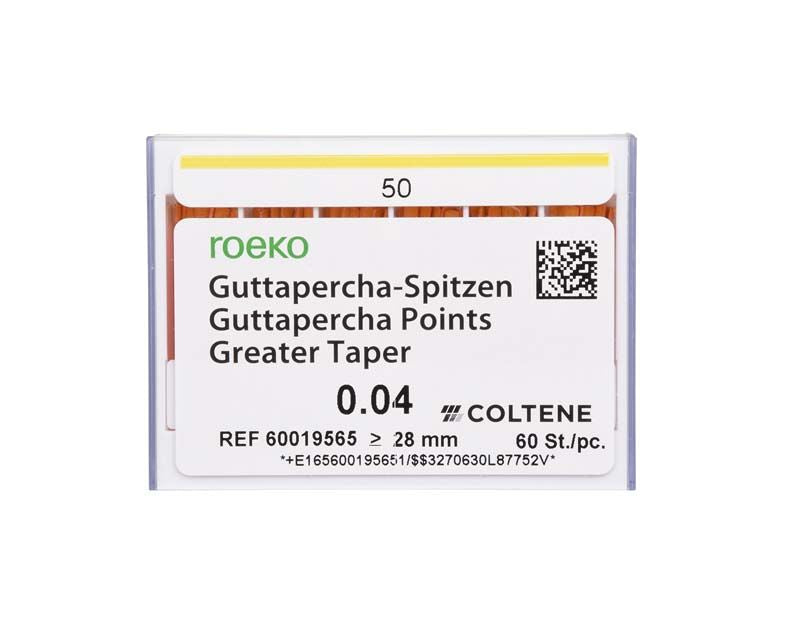 ROEKO Greater Taper Guttapercha-Spitzen 4% Gr. 050 in Verpackung.