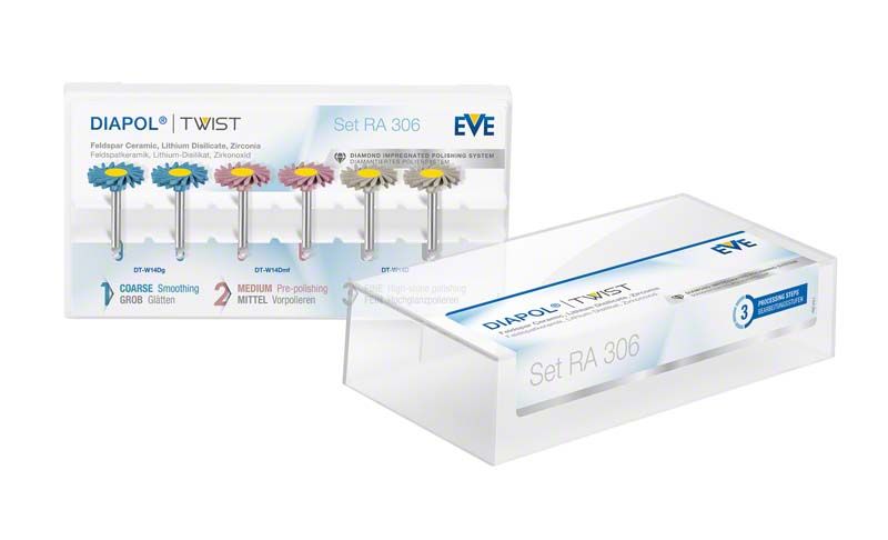 EVE Diapol Winkelstück Set in transparenter Verpackung mit Polierscheiben.