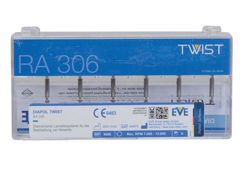 EVE Diapol Winkelstück Set in transparenter Verpackung mit RA 306 Polierern.