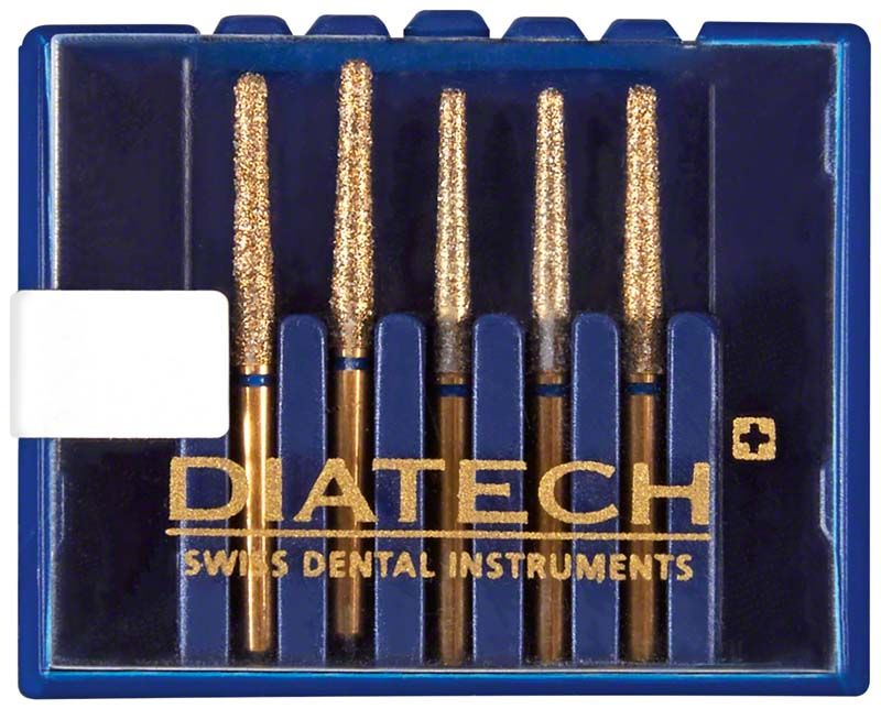 Diatech Diamant FG G856XL 018, goldene Schleifköpfe in blauer Verpackung.