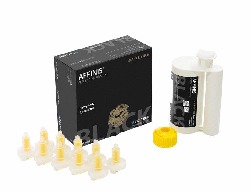 AFFINIS® heavy body BLACK EDITION Kit mit Kartusche und Aufsätzen.