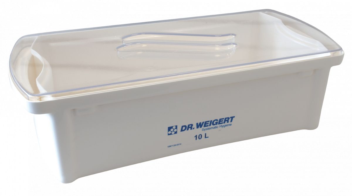 Transparente Desinfektionswanne 10 Liter mit Griff und aufgedrucktem Logo.