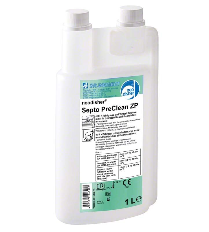 neodisher® Septo PreClean 1 Liter Flasche mit Etikett und Dosierkappen