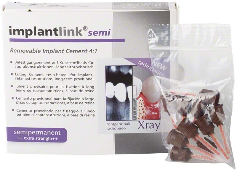 Verpackung des implantlink semi Xray Befestigungszements mit Applikationsdüsen.