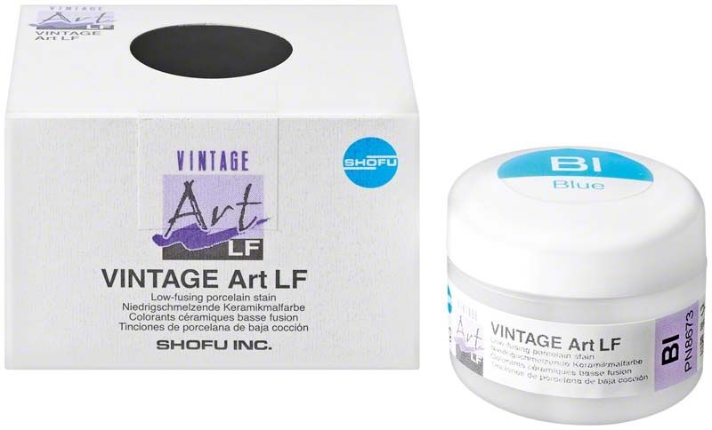 Weiße Verpackung und Dose mit "VINTAGE Art LF" Keramikfarbe in Blau.