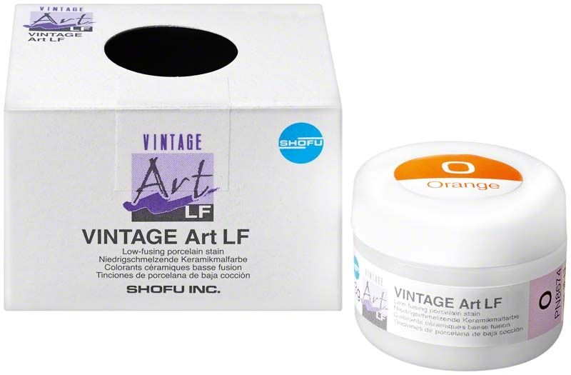 Dose mit VINTAGE Art LF Basisfarbflecken in Orange neben Verpackung.