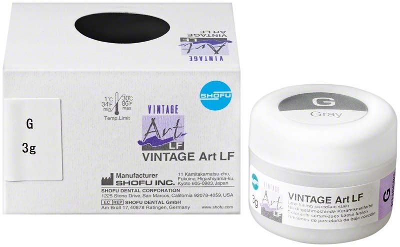 VINTAGE Art LF Base Color Stains G, graue Zahntechnikfarbe, neben Verpackung.