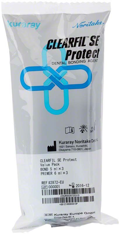 Verpackung des CLEARFIL SE Protect Kits mit blauem Logo und Produktinformationen.