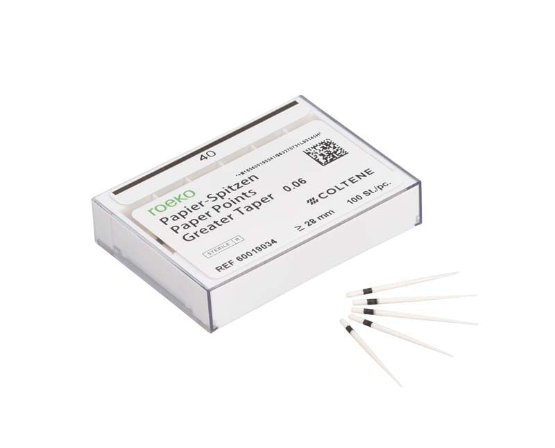 ROEKO Papierspitzen Greater Taper 0.06 in Schiebeschachtel mit fünf Spitzen daneben.