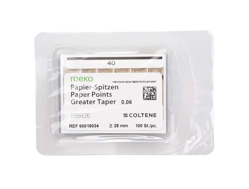 ROEKO Papierspitzen Greater Taper 0.06 in steriler Verpackung, Größe 40, 100 Stück.