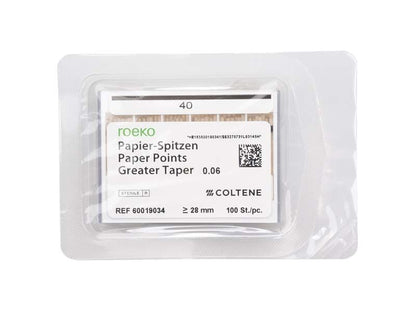 ROEKO Papierspitzen Greater Taper 0.06 in steriler Verpackung, Größe 40, 100 Stück.