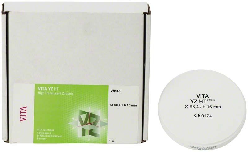 VITA YZ HTWhite Zirkonoxid-Disk 98,4 x 16mm neben Verpackung.