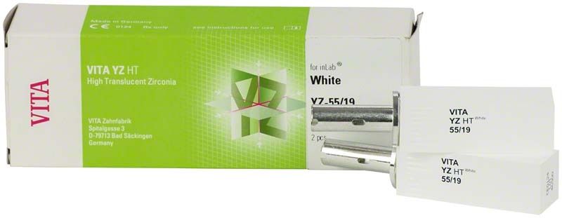 VITA YZ HTWhite Zirkonoxid-Rohlinge vor Verpackung auf weißem Hintergrund.