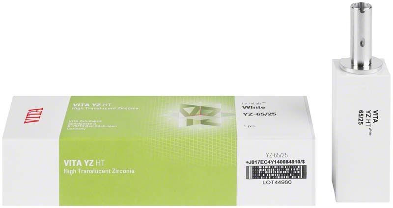 VITA YZ® HTWhite Zirkonoxid-Block und Verpackung für CAD/CAM-Technologie.