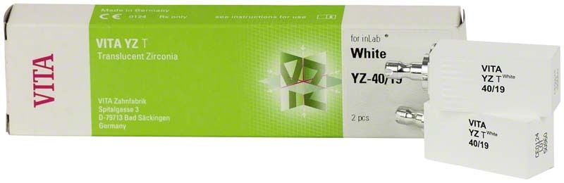 Verpackung des YZ TWhite für inLab YZ-40/19 aus transluzentem Zirkonium.