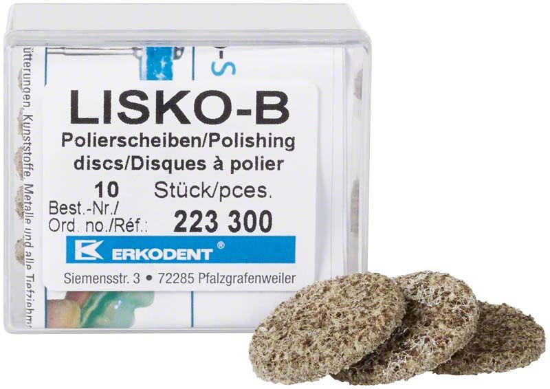 Lisko-B Polierscheiben in Verpackung mit drei Scheiben im Vordergrund.