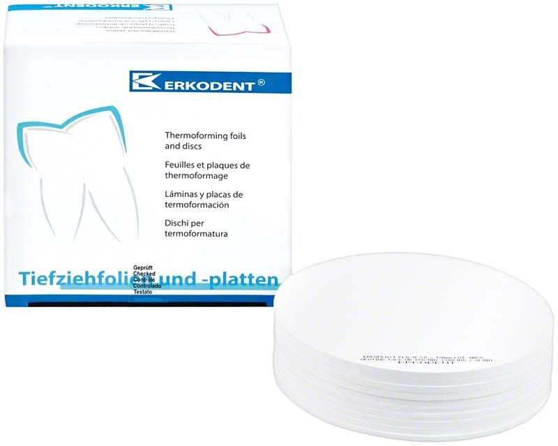 Erkoplast PLA-W 10er Verpackung mit runden, weißen Dentalplatten.