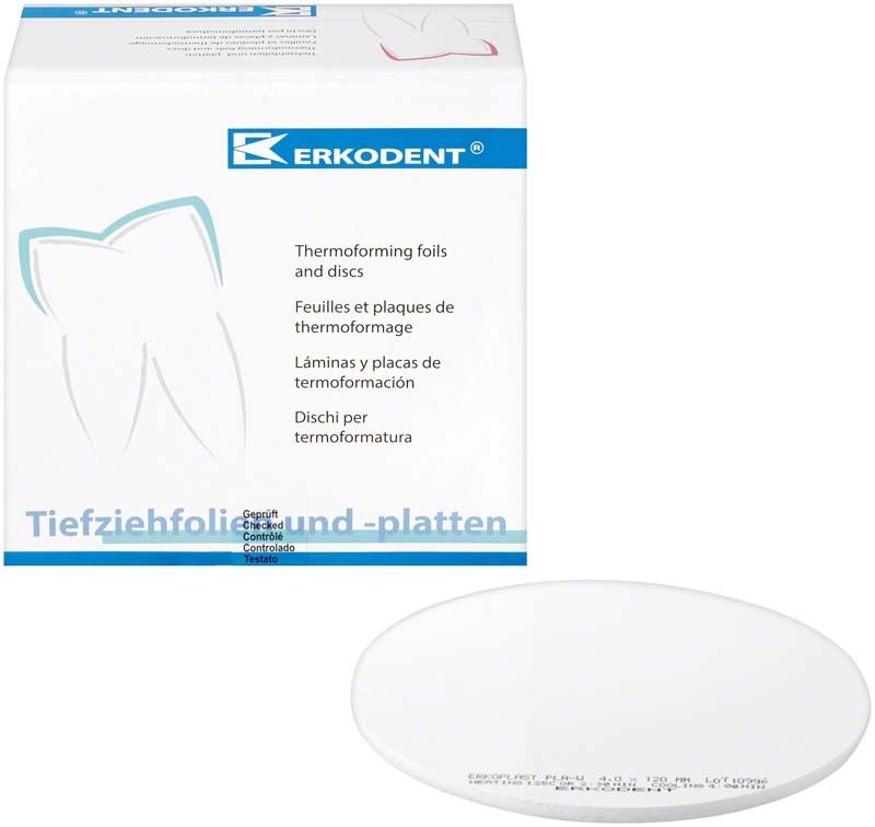 Verpackung der Erkoplast PLA-W Thermoformplatte mit Zahnsymbol und Produktname.