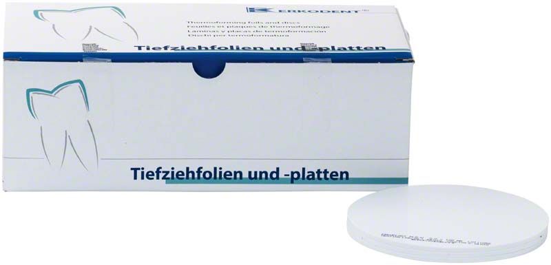 Erkoplast PLA-W 50er Tiefziehfolien in weißer Verpackung mit Zahn-Symbol.