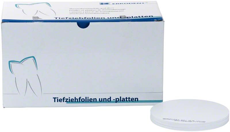 Erkoplast PLA-W 50er Tiefziehfolie, 4,00mm x Ø 120mm, Verpackung und Produktansicht.