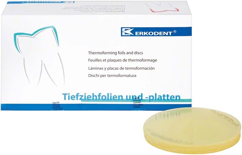 Erkoplast PLA-T 50er Tiefziehfolien-Verpackung mit gelbem Discs im Vordergrund.