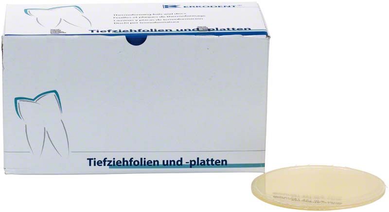 Erkoplast PLA-T 50er Tiefziehfolie neben der Verpackung.
