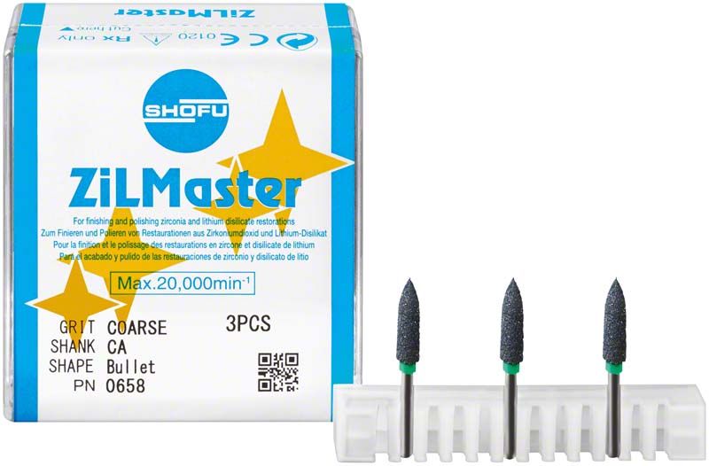 ZilMaster Coarse CA Schleifkappen-Set mit Verpackung und drei Schleifkappen.