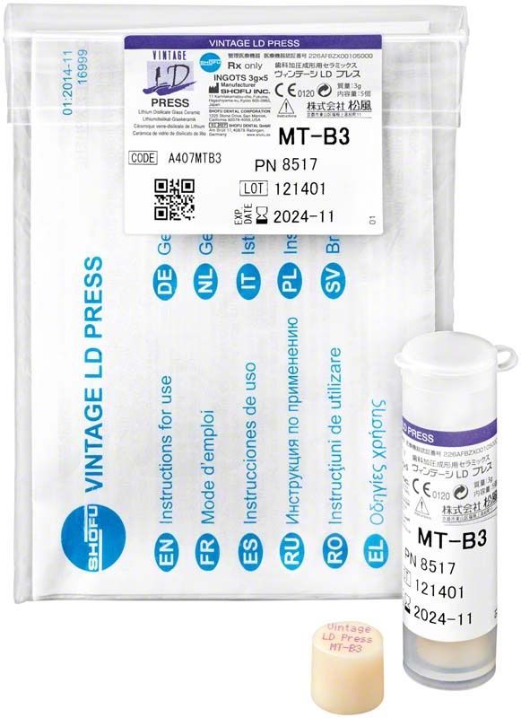 Verpackung und Einzelteile des VINTAGE LD Press MT MT-B3 Zahnersatzmaterials.