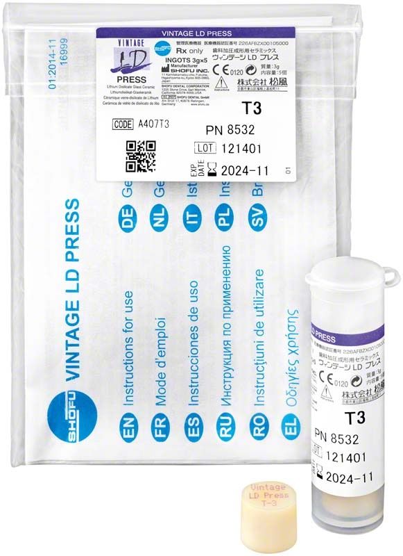 Verpackung und Behälter des VINTAGE LD Press T T-3 Dentalmaterials.