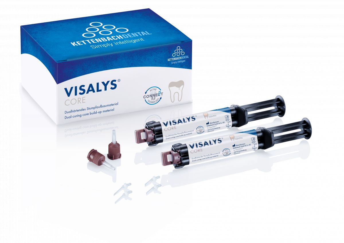 Visalys® Core Doppelspritze Dentin mit Verpackung und Zubehörteilen.