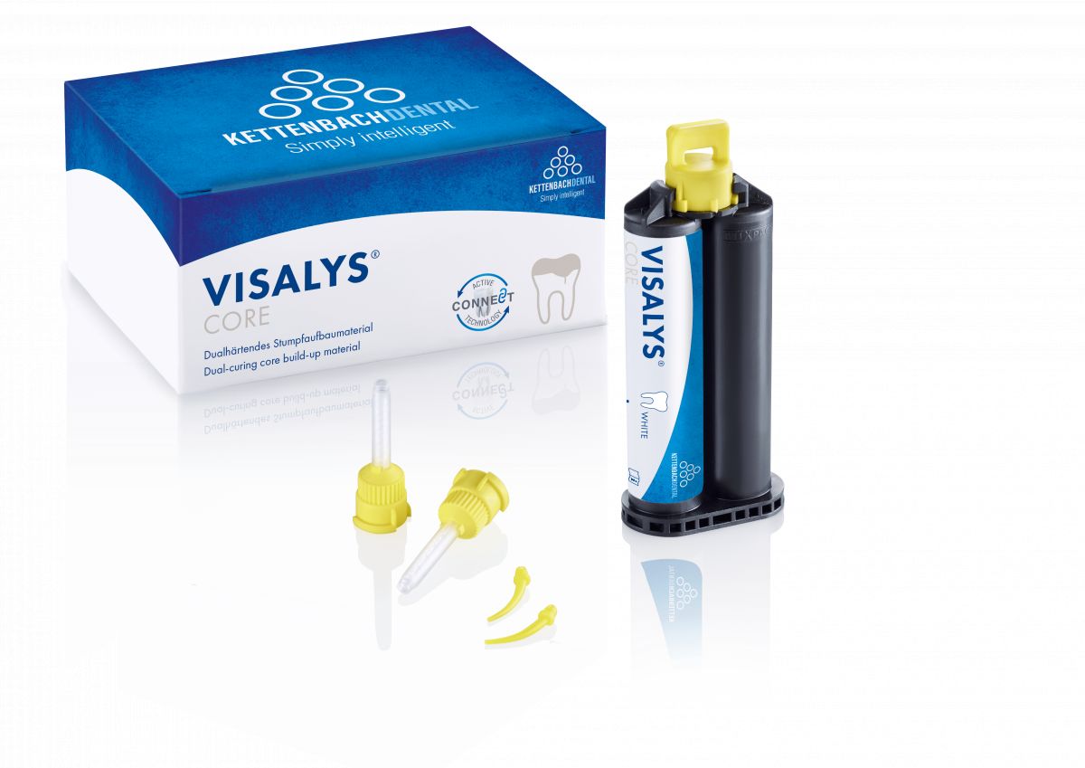 Visalys® Core Kartusche mit Verpackung und Zubehör für dentalen Stumpfaufbau.