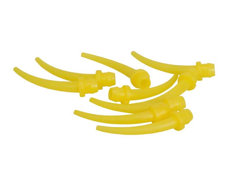 Gelbe Intraoralspitzen mit gebogenem Design für präzise Materialapplikation.